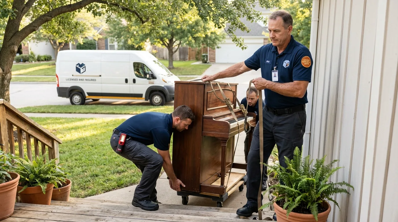 Licensed piano movers securing grand piano in Arkadelphia, AR