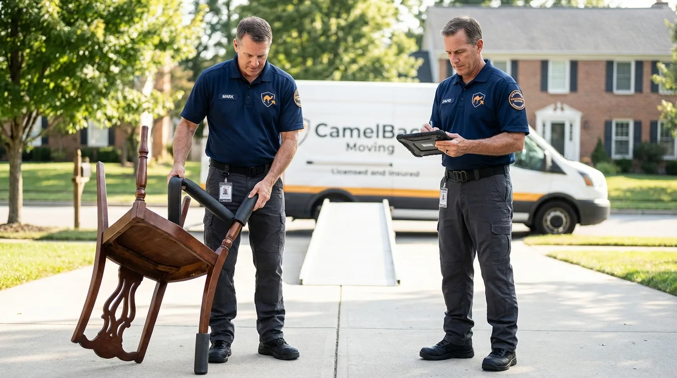 Movers inspecting furniture for damage prevention before loading in Arkadelphia, AR