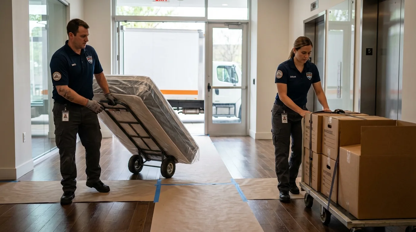 Professional apartment movers loading elevator in Arkadelphia, AR